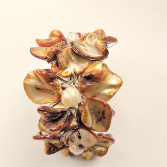 Golden Brown Cuff Bracelet with Freshwater Pearls and Mother Of Pearl - NEW - Picture 2 of 15